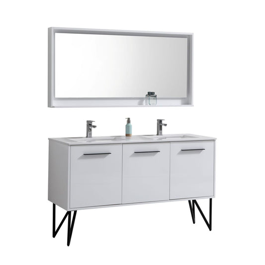 KubeBath Forest 60" High Gloss White Modern Bathroom Vanity  w/ Quartz Countertop