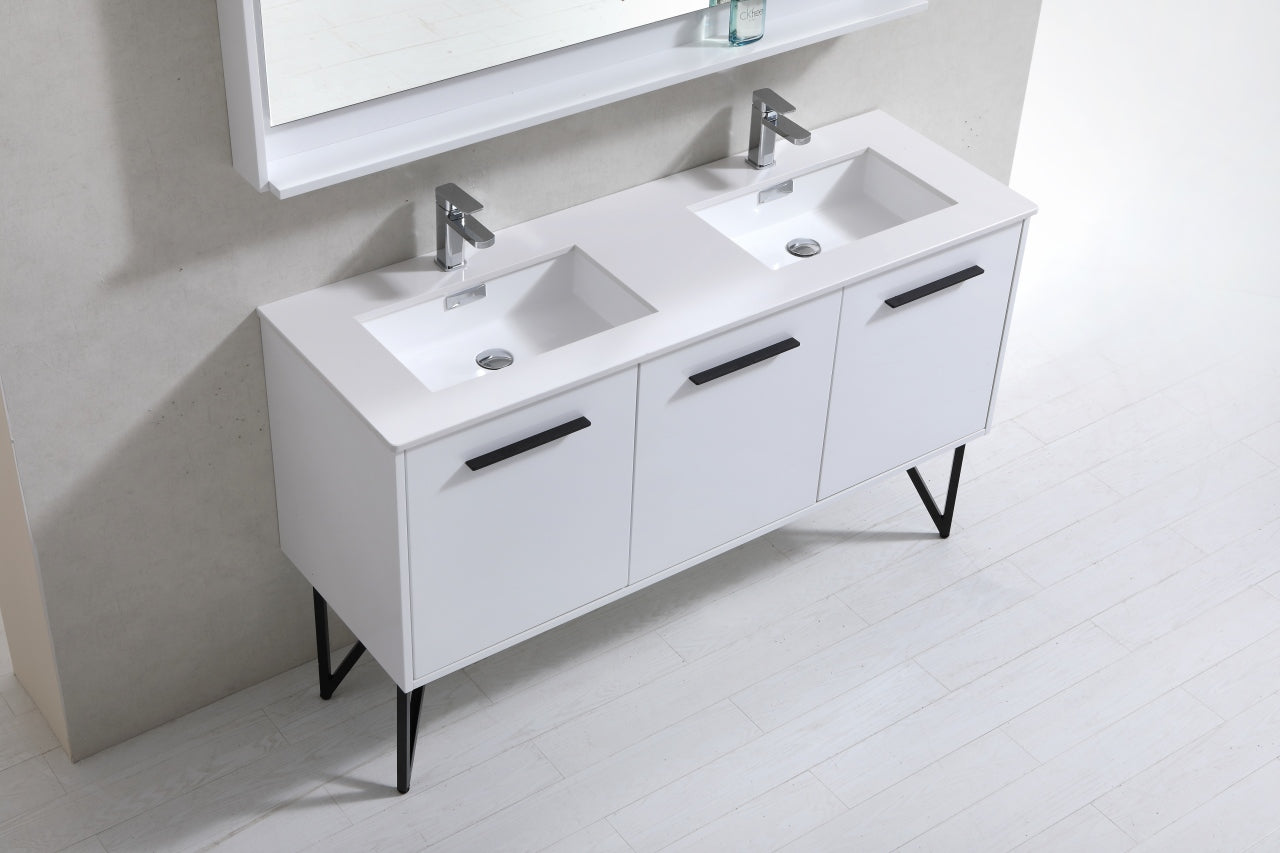 KubeBath Forest 60" High Gloss White Modern Bathroom Vanity  w/ Quartz Countertop