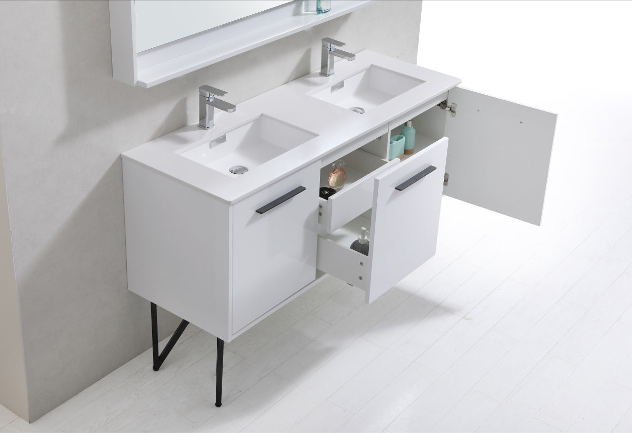 KubeBath Forest 60" High Gloss White Modern Bathroom Vanity  w/ Quartz Countertop