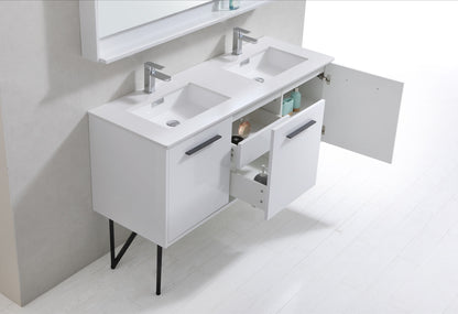 BOSCO 60" High Gloss White Modern Bathroom Vanity  w/ Quartz Countertop