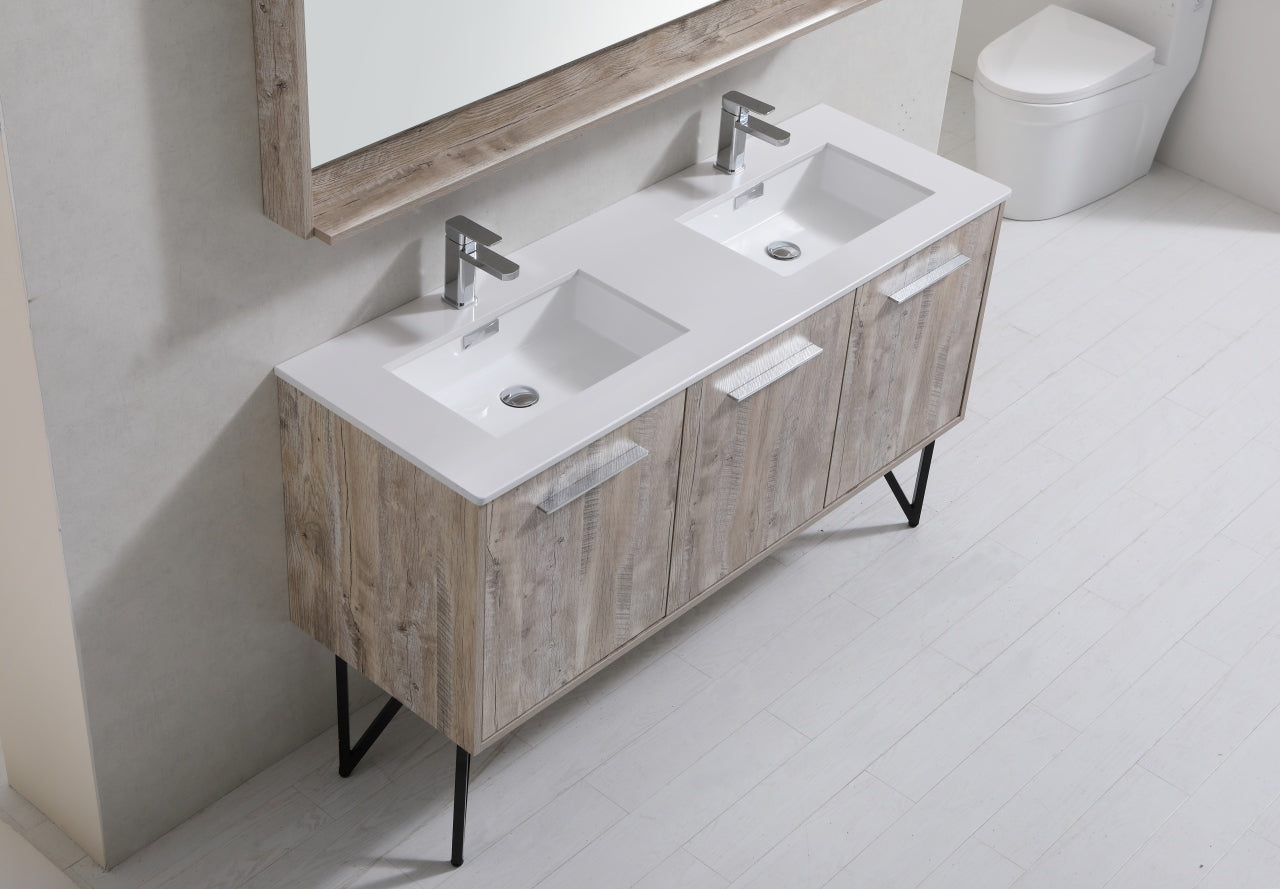 KubeBath Forest 60" Nature Wood Modern Bathroom Vanity w/ Quartz Countertop