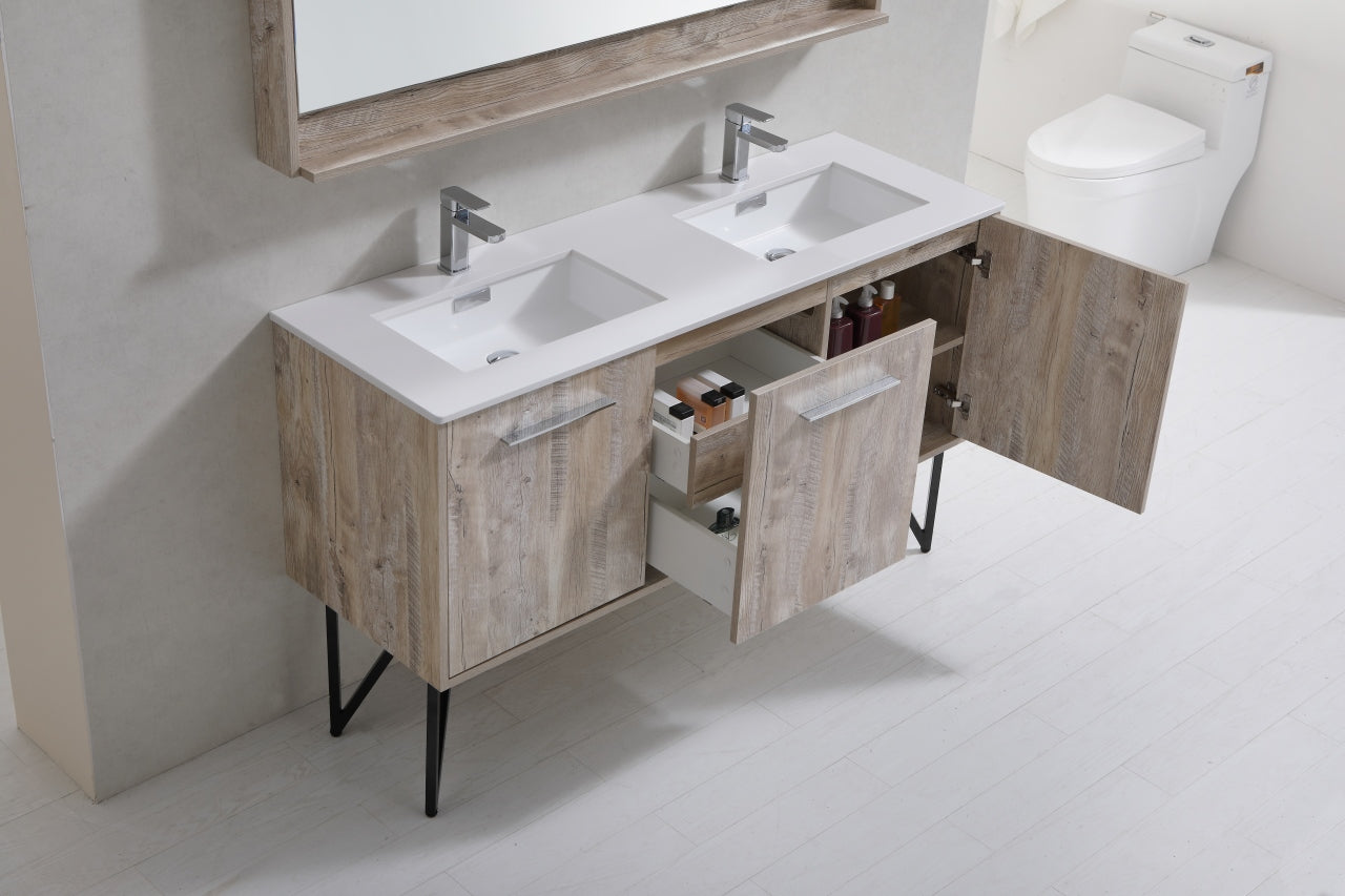 KubeBath Forest 60" Nature Wood Modern Bathroom Vanity w/ Quartz Countertop