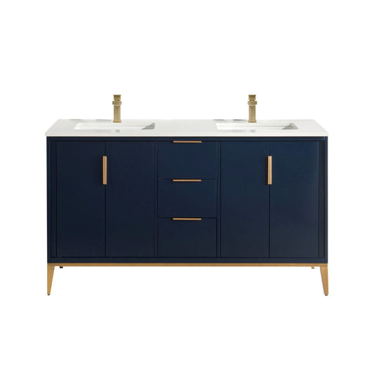 Divani 60'' Navy Blue Double Sinks Vanity W/ Quartz Counter Top