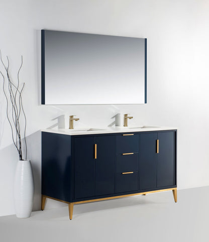Divani 60'' Navy Blue Double Sinks Vanity W/ Quartz Counter Top