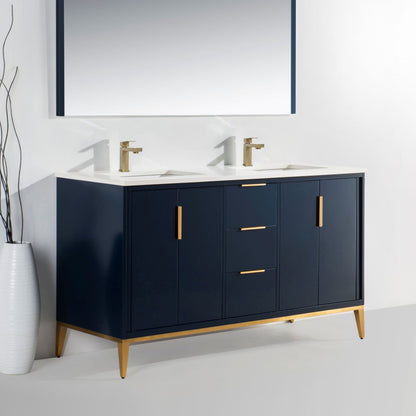 Divani 60'' Navy Blue Double Sinks Vanity W/ Quartz Counter Top