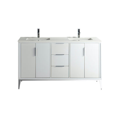 Divani 60'' Gloss White Double Sinks Vanity W/ Quartz Counter Top