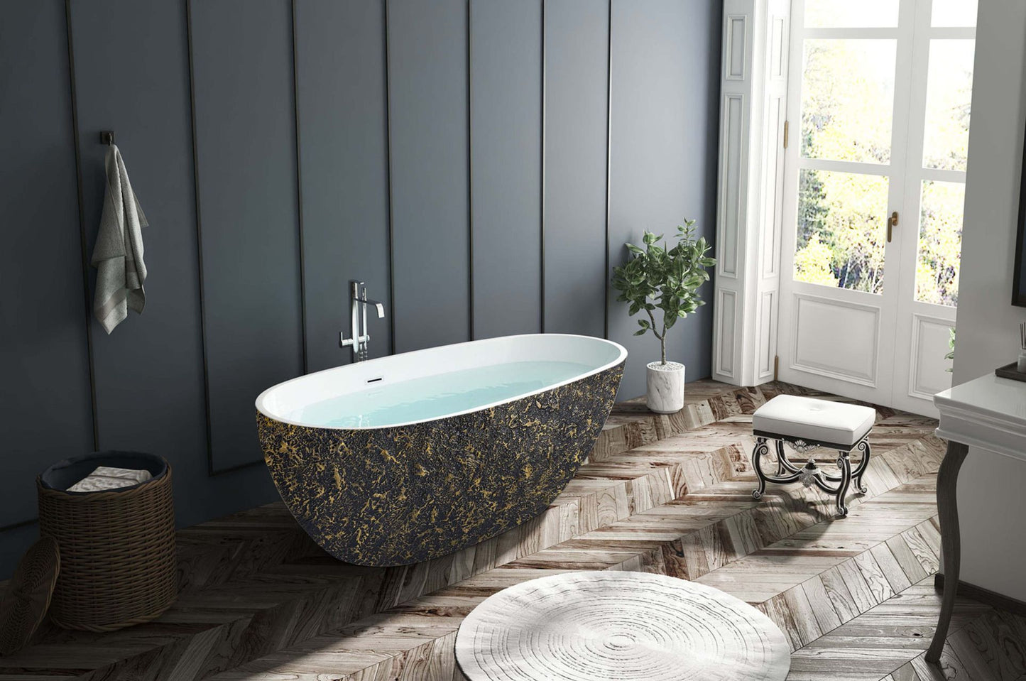 67" Kube BALLI Black and Gold Free Standing Bathtub