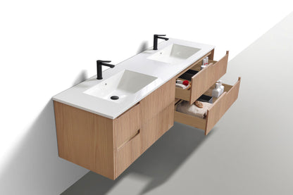 71.2'' Fiore Modern Wall Mount Double Sink Bathroom Vanity OAKWOOD - White Sink Restock ETA Mid Oct