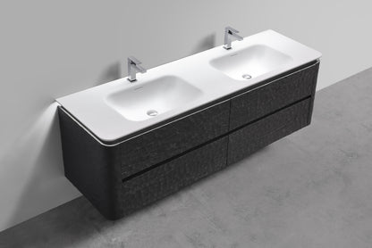 72'' Lumi Modern Double Sink Wall Mount Bathroom Vanity - True Black