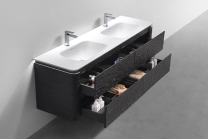 72'' Lumi Modern Double Sink Wall Mount Bathroom Vanity - True Black