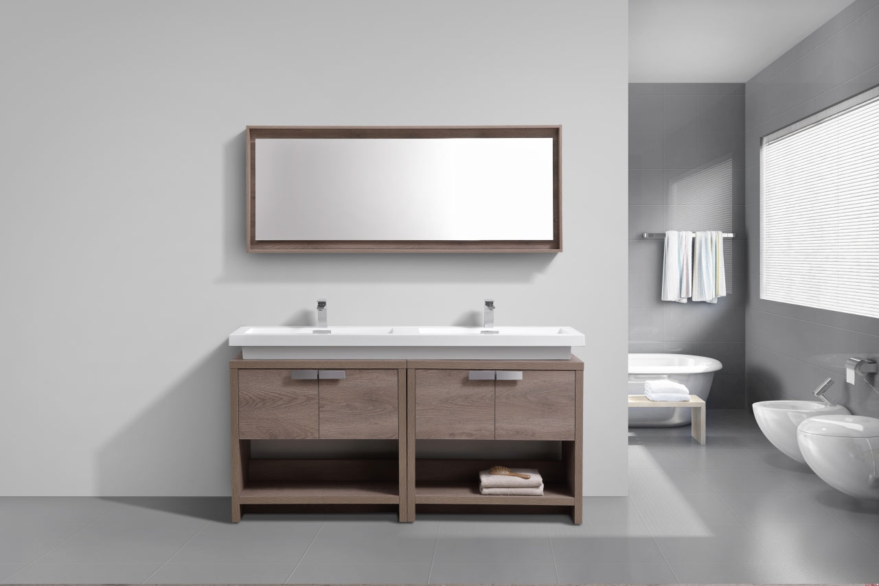 Levi 63" Butternut Double Sink Modern Bathroom Vanity w/ Cubby Hole