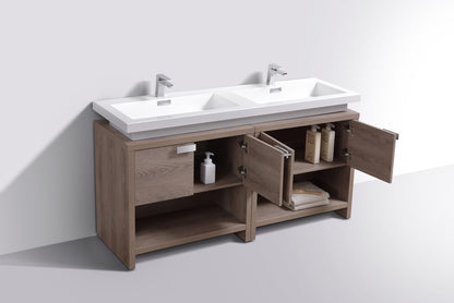 Levi 63" Butternut Double Sink Modern Bathroom Vanity w/ Cubby Hole