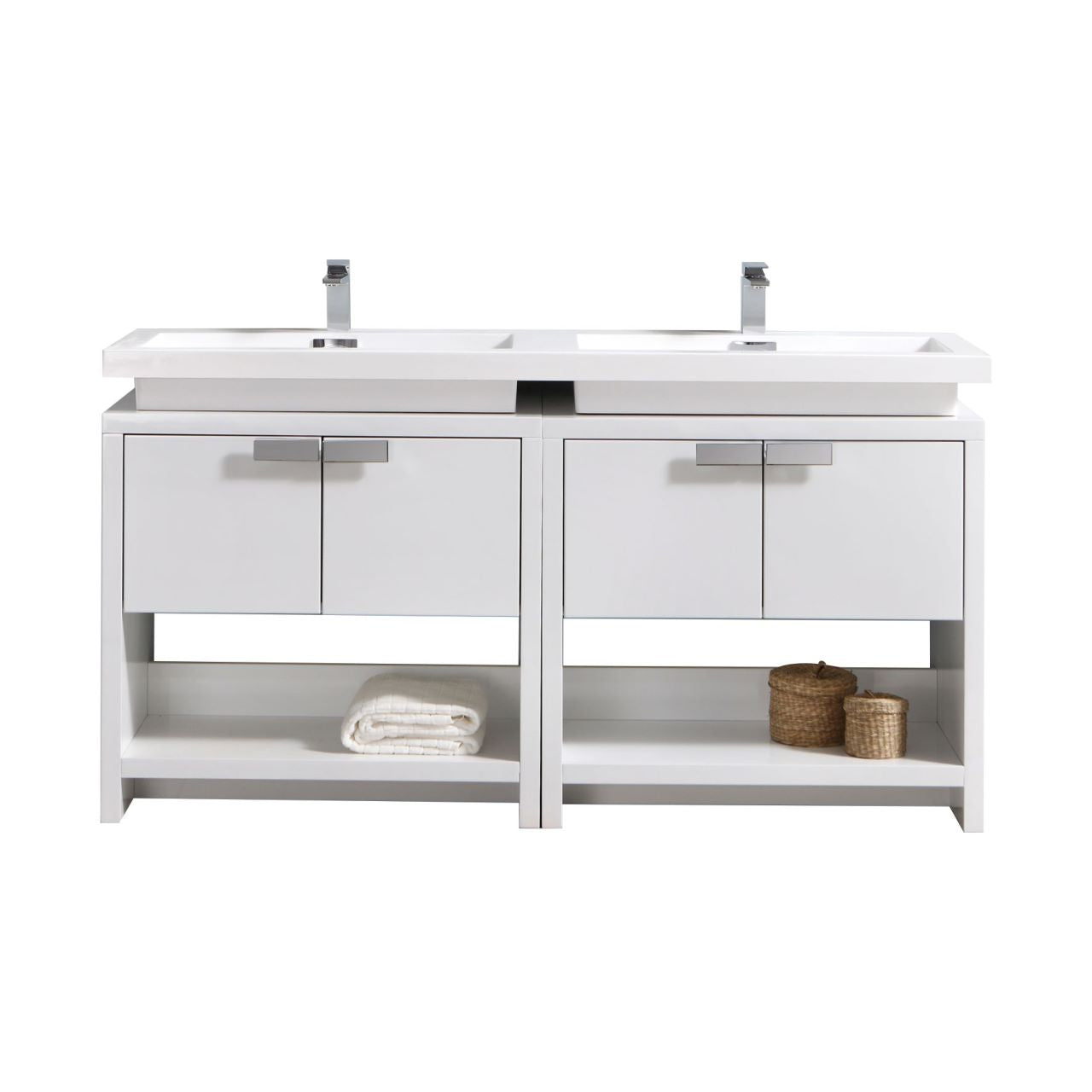 Levi 63" Gloss White Double Sink Modern Bathroom Vanity w/ Cubby Hole