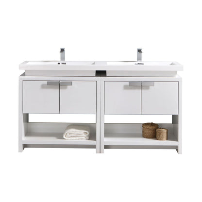 Levi 63" Gloss White Double Sink Modern Bathroom Vanity w/ Cubby Hole