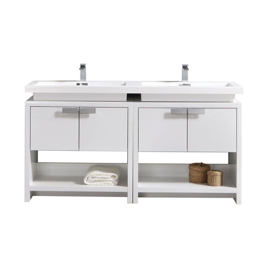 Levi 63" Gloss White Double Sink Modern Bathroom Vanity w/ Cubby Hole