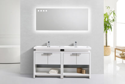 Levi 63" Gloss White Double Sink Modern Bathroom Vanity w/ Cubby Hole