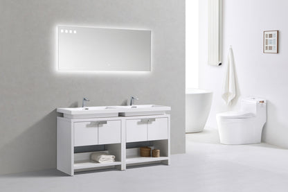Levi 63" Gloss White Double Sink Modern Bathroom Vanity w/ Cubby Hole