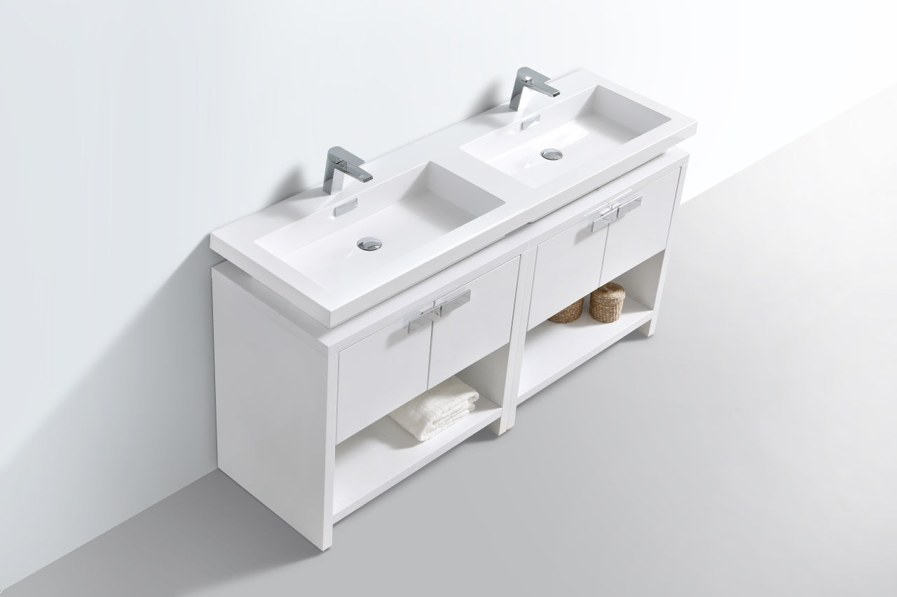 Levi 63" Gloss White Double Sink Modern Bathroom Vanity w/ Cubby Hole