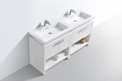 Levi 63" Gloss White Double Sink Modern Bathroom Vanity w/ Cubby Hole