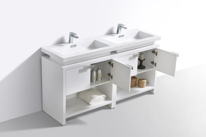 Levi 63" Gloss White Double Sink Modern Bathroom Vanity w/ Cubby Hole
