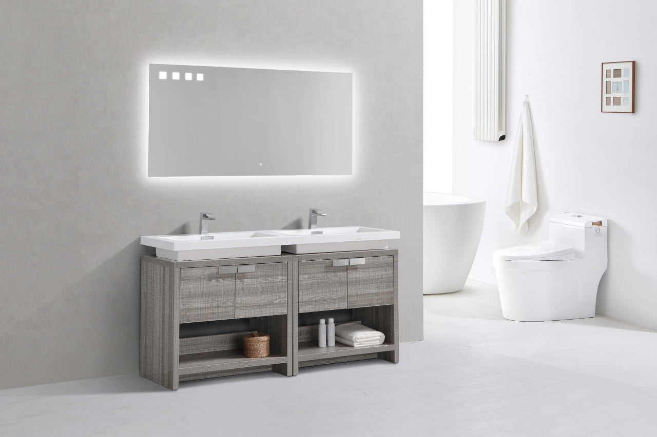 Levi 63" Ash Gray Double Sink Modern Bathroom Vanity w/ Cubby Hole