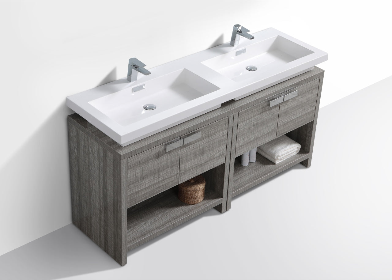 Levi 63" Ash Gray Double Sink Modern Bathroom Vanity w/ Cubby Hole