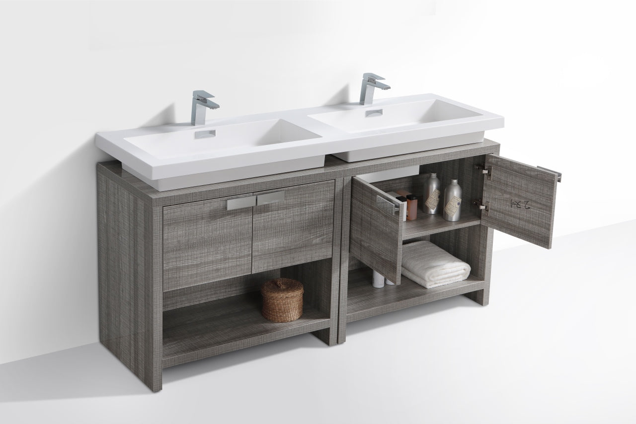 Levi 63" Ash Gray Double Sink Modern Bathroom Vanity w/ Cubby Hole