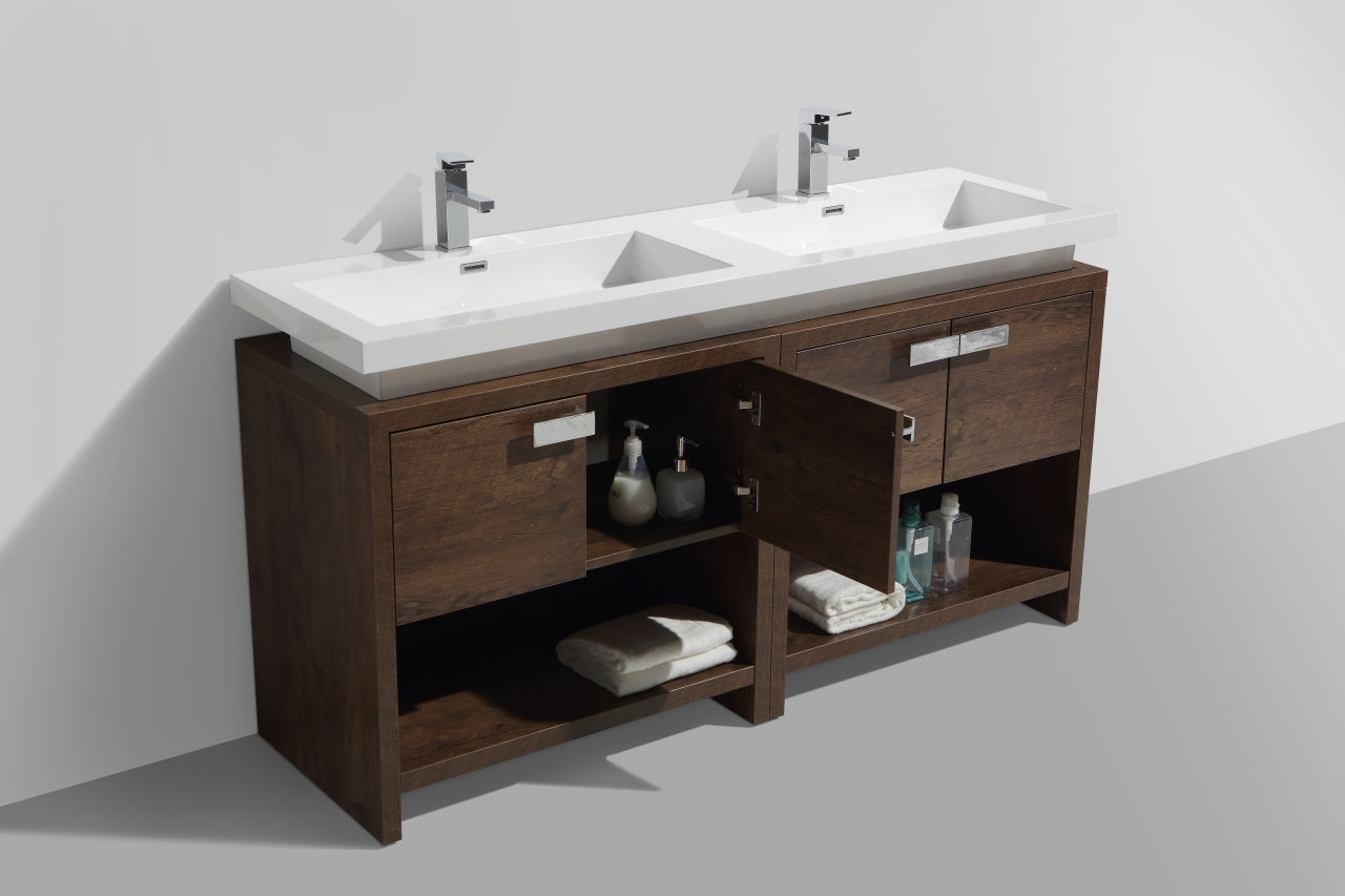 Levi 63" Rosewood Double Sink Modern Bathroom Vanity w/ Cubby Hole