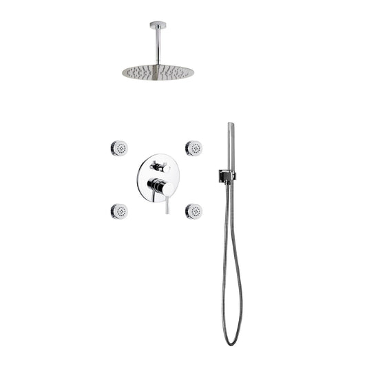 Aqua RONDO Chrome Brass Shower Set w/ 12" Round Rain Shower,  4 Body Jets and Handheld