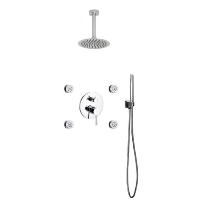 Aqua RONDO Chrome Brass Shower Set w/ 8" Round Rain Shower,  4 Body Jets and Handheld