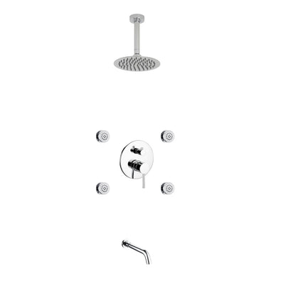 Aqua RONDO Chrome Brass Shower Set w/ 8" Round Rain Shower,  4 Body Jets and Tubfiller