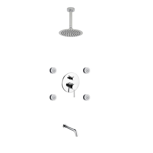 Aqua RONDO Chrome Brass Shower Set w/ 8" Round Rain Shower,  4 Body Jets and Tubfiller