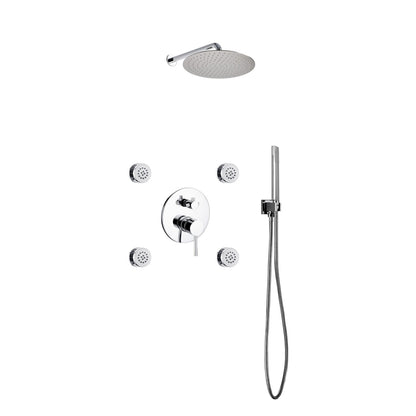 Aqua RONDO Chrome Brass Shower Set w/ 12" Round Rain Shower,  4 Body Jets and Handheld