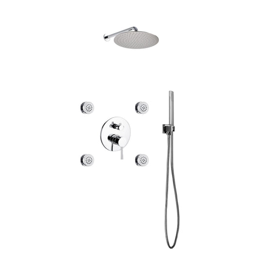 Aqua RONDO Chrome Brass Shower Set w/ 12" Round Rain Shower,  4 Body Jets and Handheld