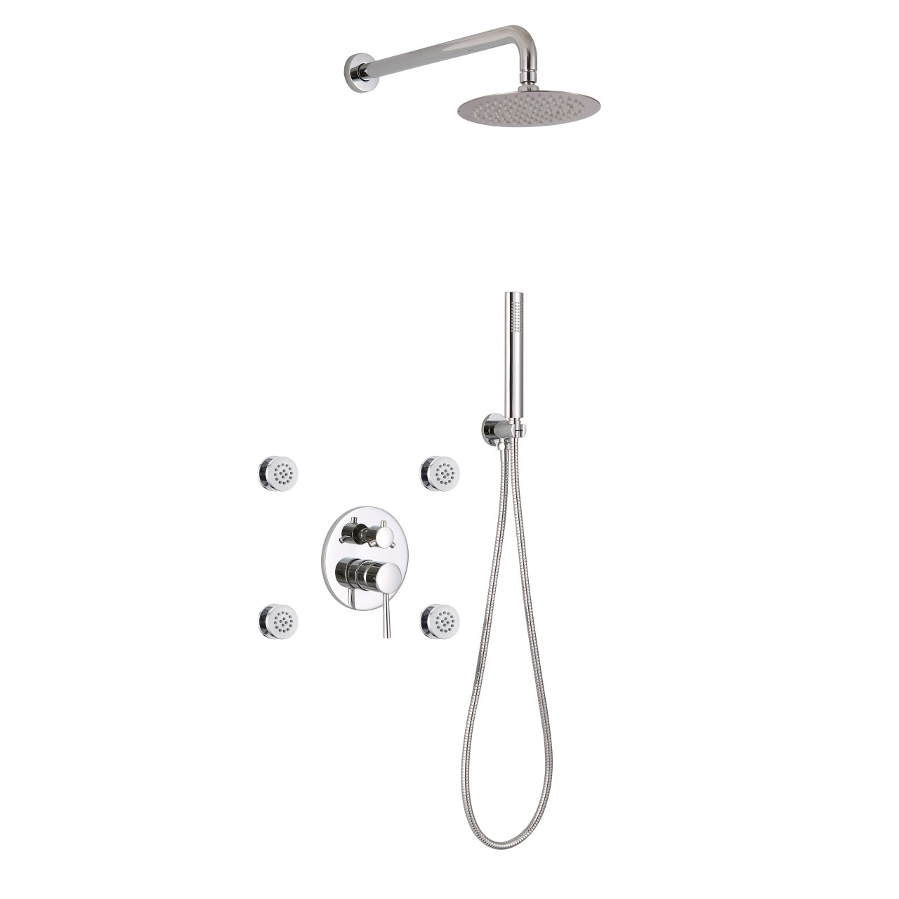 Aqua RONDO Chrome Brass Shower Set w/ 8" Round Rain Shower,  4 Body Jets and Handheld