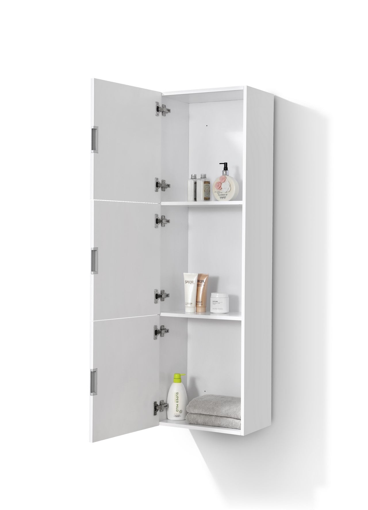 Bliss High Gloss White Bathroom Linen Cabinet w/ 3 Large Storage Areas