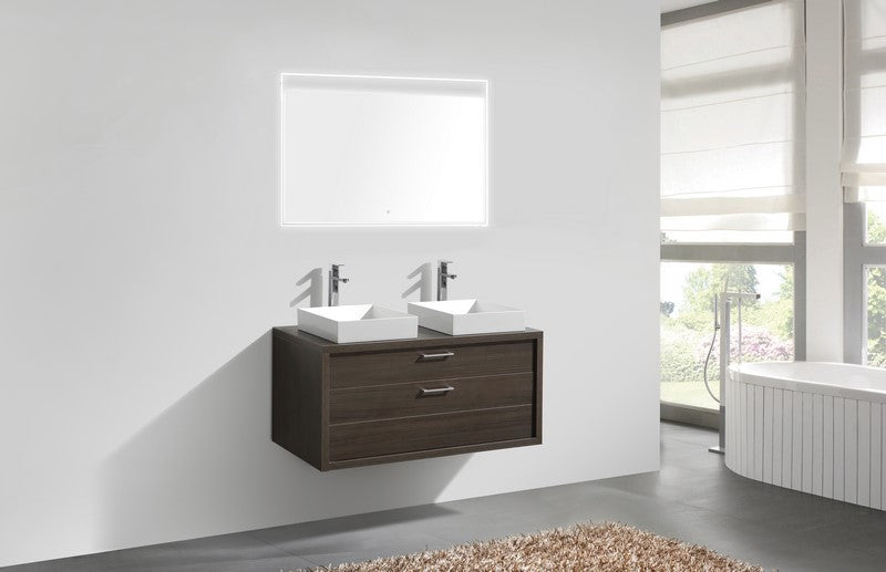 Tucci 48" Gray Oak Wall Mount Double Sink Modern Bathroom Vanity w/ Vessel Sink