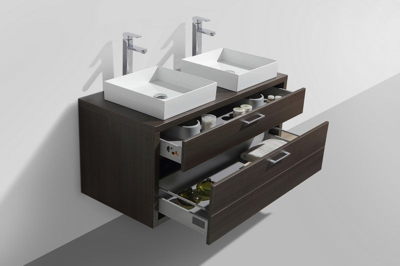 Tucci 48" Gray Oak Wall Mount Double Sink Modern Bathroom Vanity w/ Vessel Sink