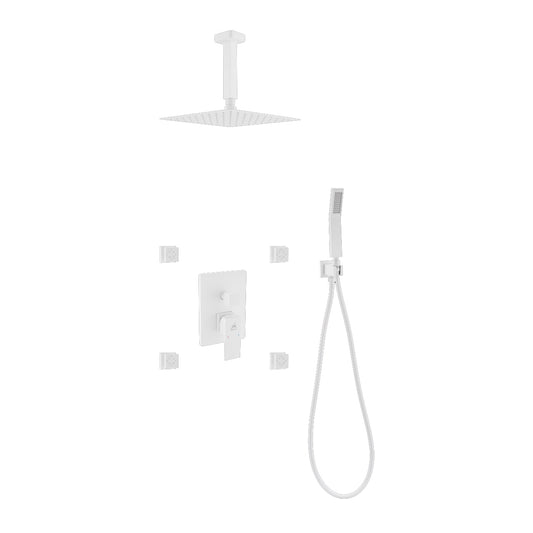 Aqua Piazza White Shower Set w/ 8" Ceiling Mount Square Rain Shower, Handheld and 4 Body Jets