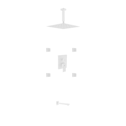 Aqua Piazza White Shower Set w/ 8" Ceiling Mount Square Rain Shower, Tub Filler and 4 Body Jets