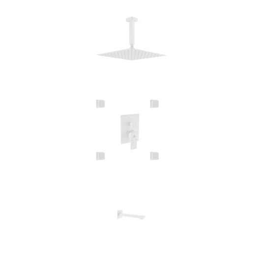 Aqua Piazza White Shower Set w/ 8" Ceiling Mount Square Rain Shower, Tub Filler and 4 Body Jets