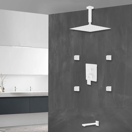Aqua Piazza White Shower Set w/ 12" Ceiling Mount Square Rain Shower, Tub Filler and 4 Body Jets