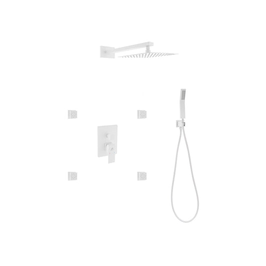 Aqua Piazza White Brass Shower Set w/ 8" Square Rain Shower,  4 Body Jets and Handheld