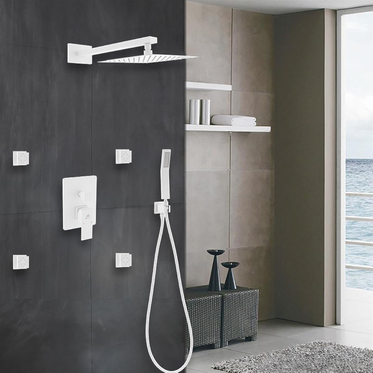 Aqua Piazza White Brass Shower Set w/ 8" Square Rain Shower,  4 Body Jets and Handheld