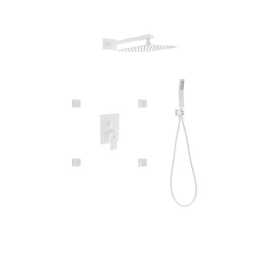 Aqua Piazza White Shower Set w/ 12" Square Rain Shower,  Handheld and 4 Body Jets