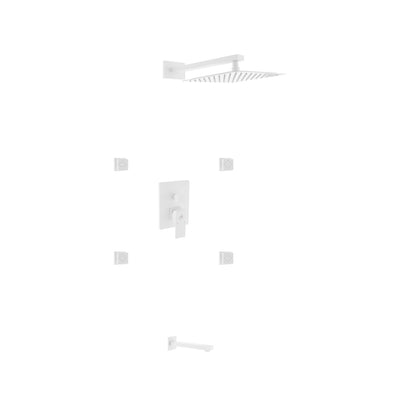 Aqua Piazza White Shower Set w/ 12" Square Rain Shower, Tub Filler and 4 Body Jets