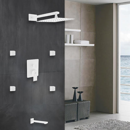 Aqua Piazza White Shower Set w/ 12" Square Rain Shower, Tub Filler and 4 Body Jets