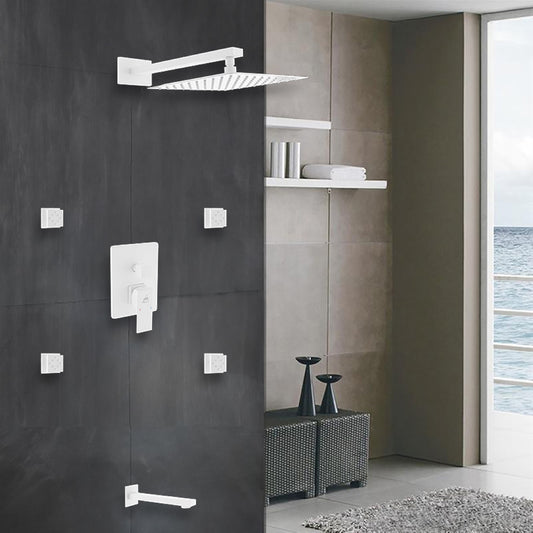 Aqua Piazza White Shower Set w/ 12" Square Rain Shower, Tub Filler and 4 Body Jets