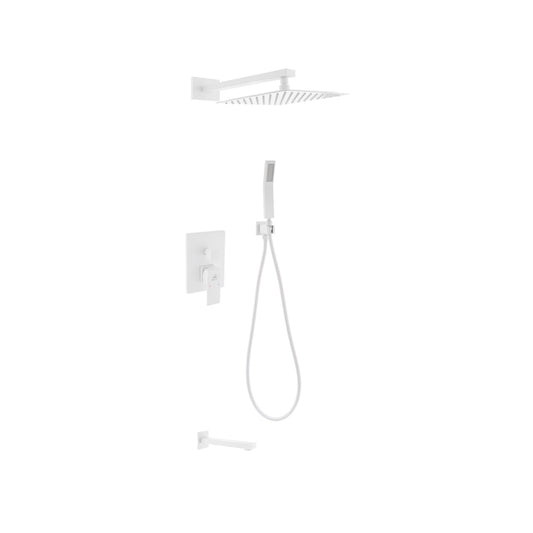 Aqua Piazza White Shower Set w/ 12" Square Rain Shower,  Tub Filler and Handheld
