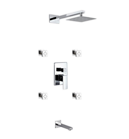 Aqua Piazza Shower Set w/ 8" Square Rain Shower,  4 Body Jets and Tub Filler
